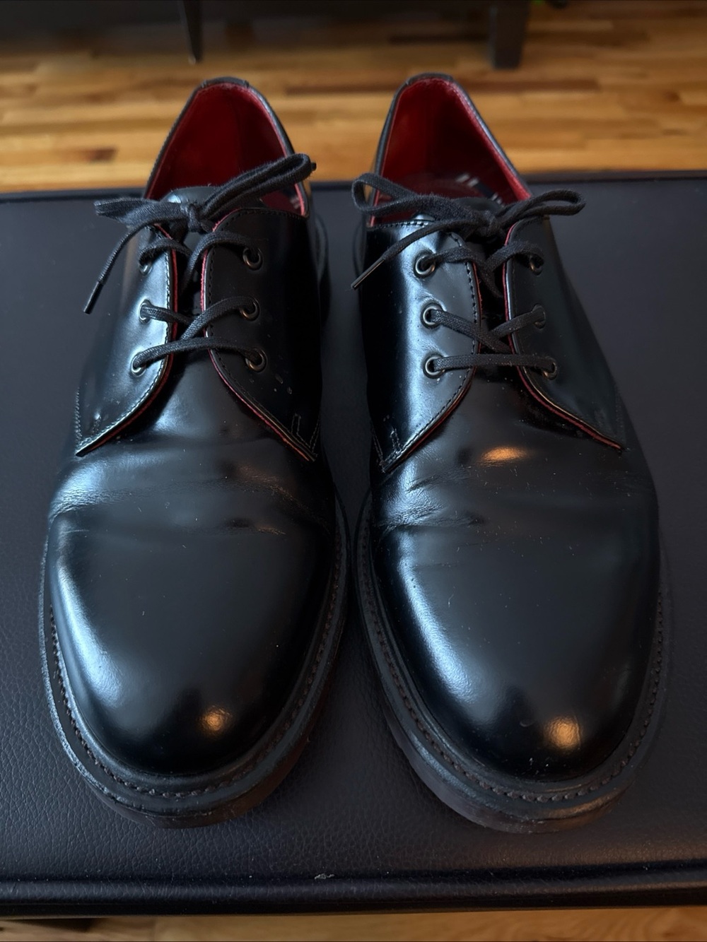Dr. Martens Black Leather Derby Shoes with Red Interior